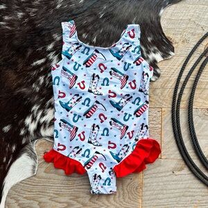 Patriotic Kids Swim One Piece with Red Ruffles